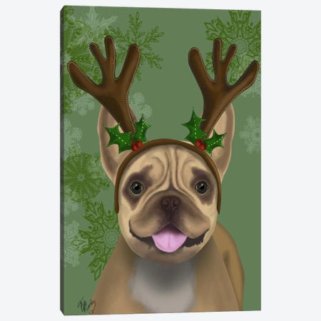 French Bulldog, Antlers I Canvas Print #FNK655} by Fab Funky Canvas Artwork