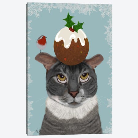 Grey Cat and Christmas Pudding Canvas Print #FNK679} by Fab Funky Canvas Print