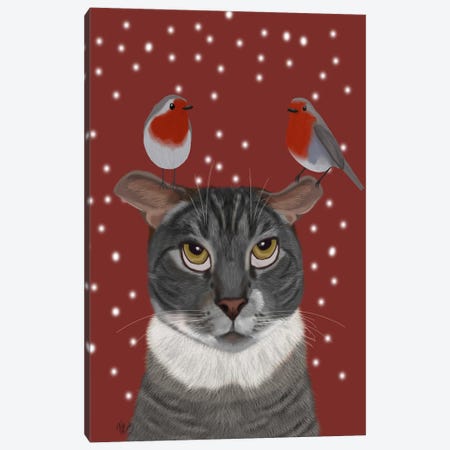Grey Cat and Robins Canvas Print #FNK680} by Fab Funky Canvas Artwork