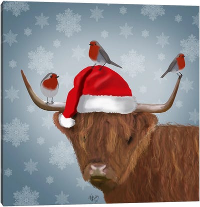 Highland Cow and Robins Canvas Art Print - Christmas Cow Art