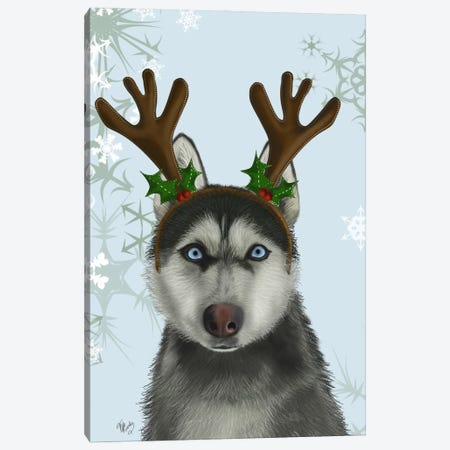 Husky and Antlers Canvas Print #FNK693} by Fab Funky Art Print