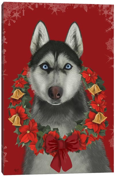 Husky and Poinsettia Wreath Canvas Art Print - Christmas Animal Art