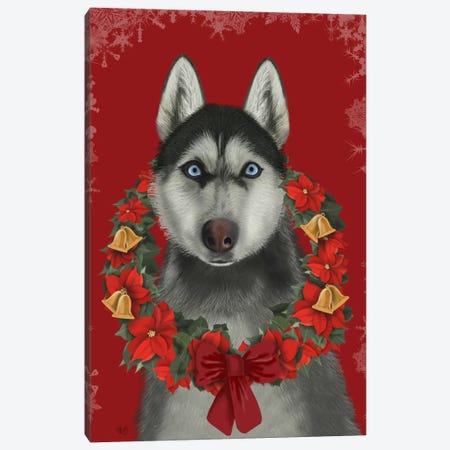 Husky and Poinsettia Wreath Canvas Print #FNK694} by Fab Funky Canvas Art