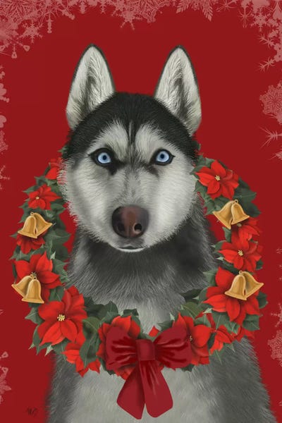 Siberian Huskies: Husky and Poinsettia Wreath by Fab Funky