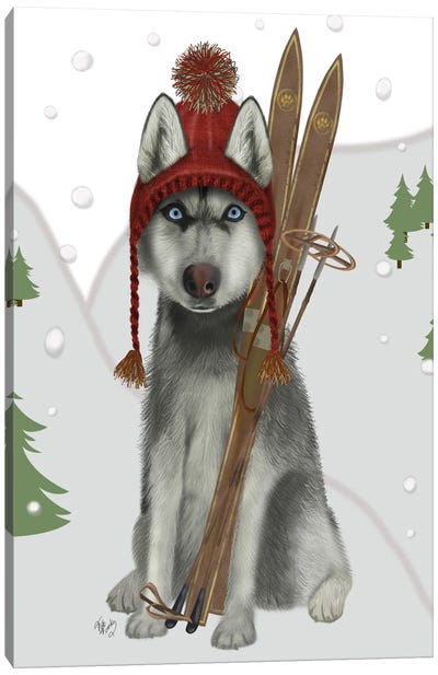 Husky Skiing Canvas Art Print - Ski Chalet