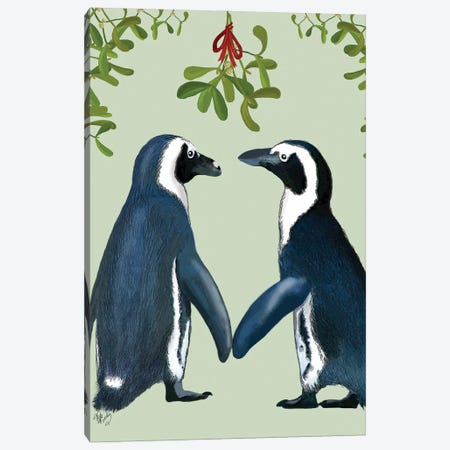 Penguins And Mistletoe Canvas Print #FNK739} by Fab Funky Canvas Artwork