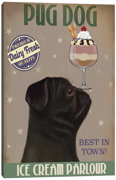 Pug, Black, Ice Cream Canvas Art Print - Food & Drink Posters