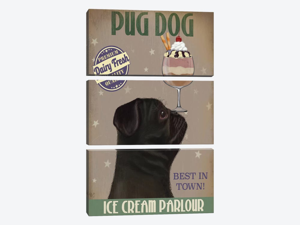 Pug, Black, Ice Cream by Fab Funky 3-piece Canvas Print