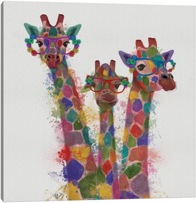 Rainbow Splash Giraffe Trio Canvas Art Print - Art for Older Kids