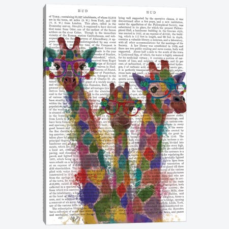 Rainbow Splash Giraffe Trio, Print BG Canvas Print #FNK806} by Fab Funky Art Print