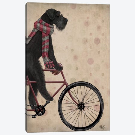 Schnauzer on Bicycle, Black Canvas Print #FNK823} by Fab Funky Canvas Artwork