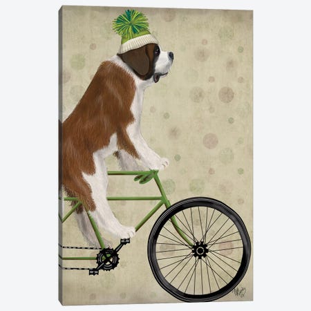 St. Bernard on Bicycle Canvas Print #FNK848} by Fab Funky Canvas Wall Art