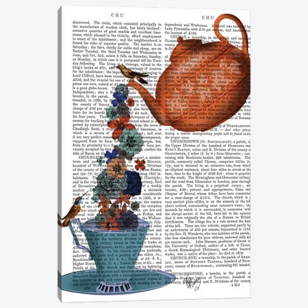 Teapot, Cup and Flowers, Orange and Blue Canvas Print #FNK857} by Fab Funky Canvas Wall Art