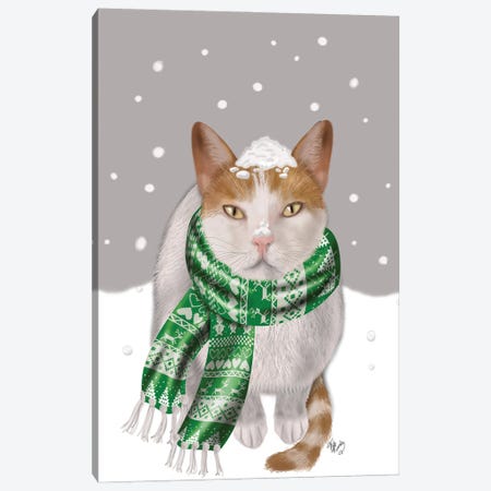 White Cat, Green Scarf Canvas Print #FNK867} by Fab Funky Canvas Art Print