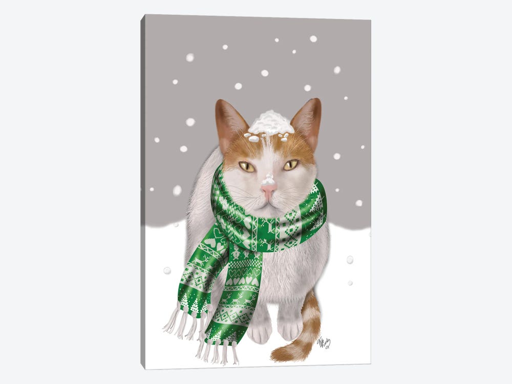 White Cat, Green Scarf by Fab Funky 1-piece Canvas Artwork