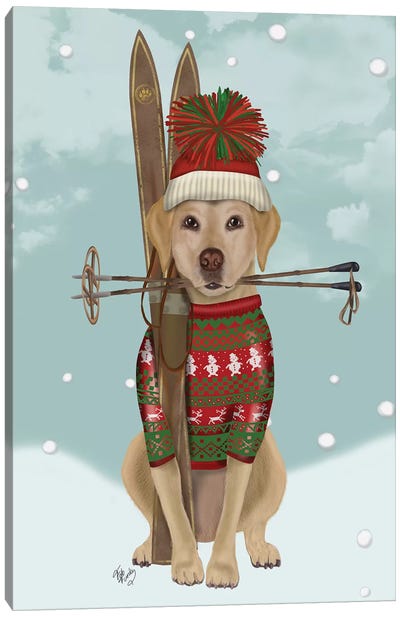 Yellow Labrador, Skiing Canvas Art Print - Christmas Animal Art