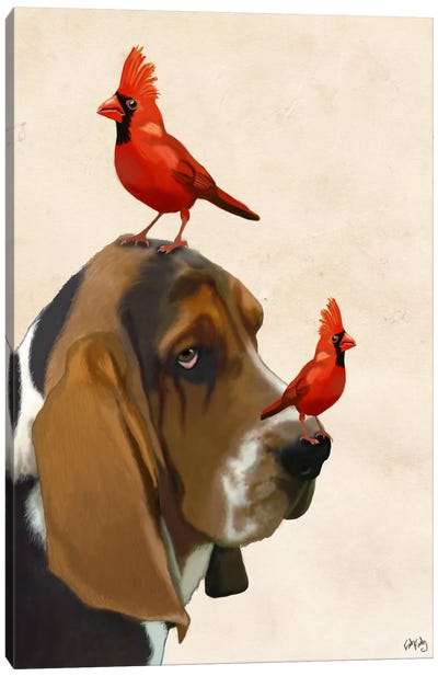 Basset Hound & Birds Canvas Art Print - Cardinal Art