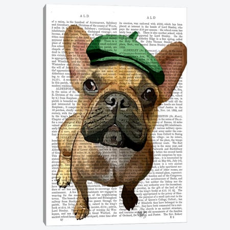 Brown French Bulldog With Green Hat II Canvas Print #FNK946} by Fab Funky Canvas Wall Art