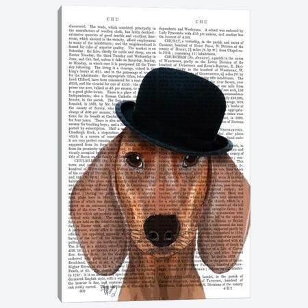 Dachshund With Black Bowler Hat Canvas Print #FNK981} by Fab Funky Canvas Art Print