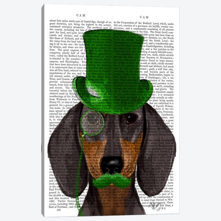 Dachshund With Green Top Hat Black Tan Canvas Print #FNK982} by Fab Funky Art Print