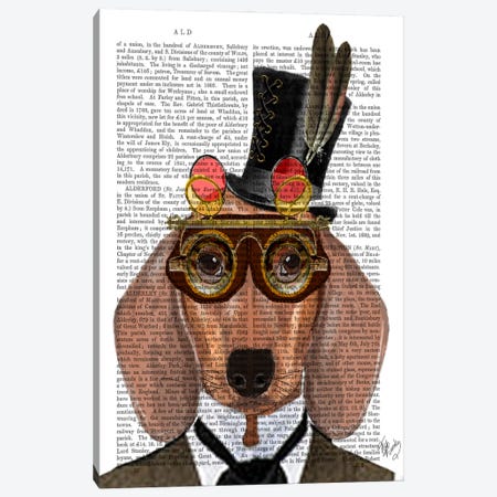 Dachshund With Top Hat & Goggles Canvas Print #FNK985} by Fab Funky Canvas Wall Art