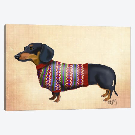 Dachshund With Woolly Sweater Canvas Print #FNK986} by Fab Funky Canvas Wall Art