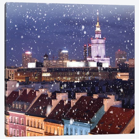 Snow Falls On The Roofs First, Warsaw Canvas Print #FOL18} by Florian Olbrechts Canvas Wall Art