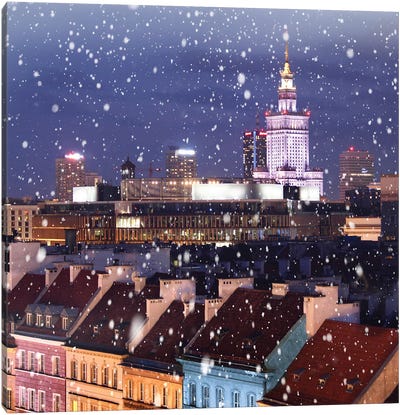 Snow Falls On The Roofs First, Warsaw Canvas Art Print - Florian Olbrechts
