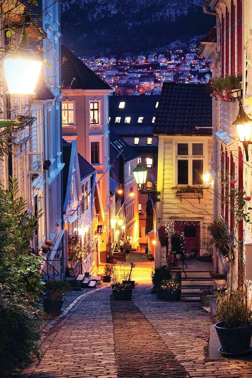 Bergen Cobblestone Street At Night