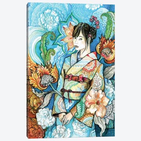 Japanese Woman in a Floral Kimono I Canvas Print #FPT191} by Fanitsa Petrou Canvas Artwork