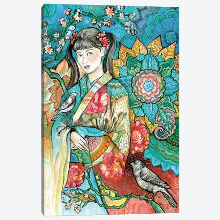 Japanese Woman in a Floral Kimono II Canvas Print #FPT192} by Fanitsa Petrou Canvas Artwork