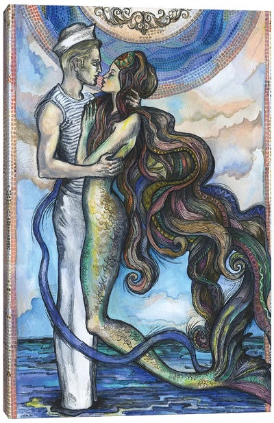 The Sailor And The Mermaid Canvas Art Print - Mythical Creature Art