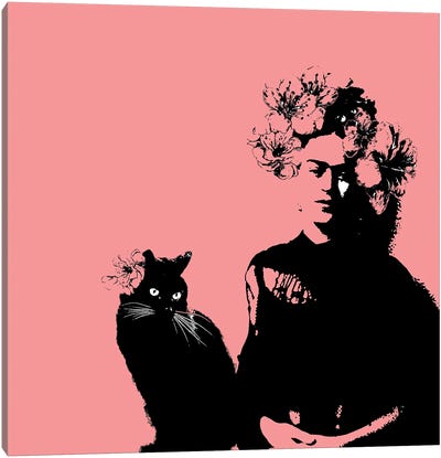 Frida with Cat Canvas Art Print - Frida Kahlo