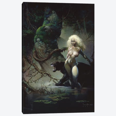 Princess And The Panther Canvas Print #FRF11} by Frank Frazetta Canvas Wall Art