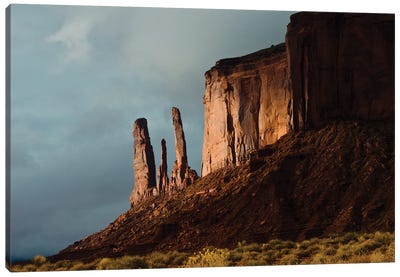 USA, Arizona- Utah, Goulding's, Navajo Tribal Park, Monument Valley, Three Sisters and Mitchell Mesa Canvas Art Print - Valley Art