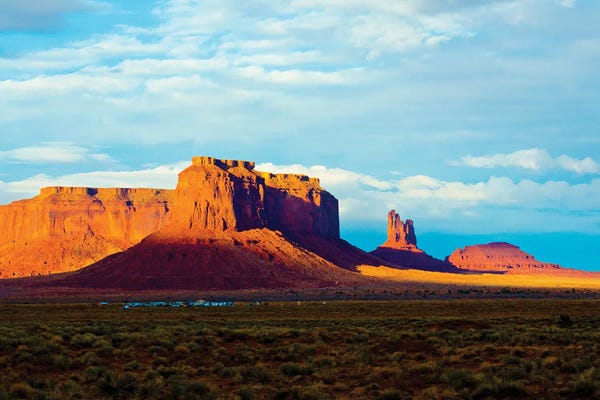 Monument Valley: USA, Arizona-Utah border. Monument Valley, Sentinel Mesa and Castle Rock. by Bernard Friel