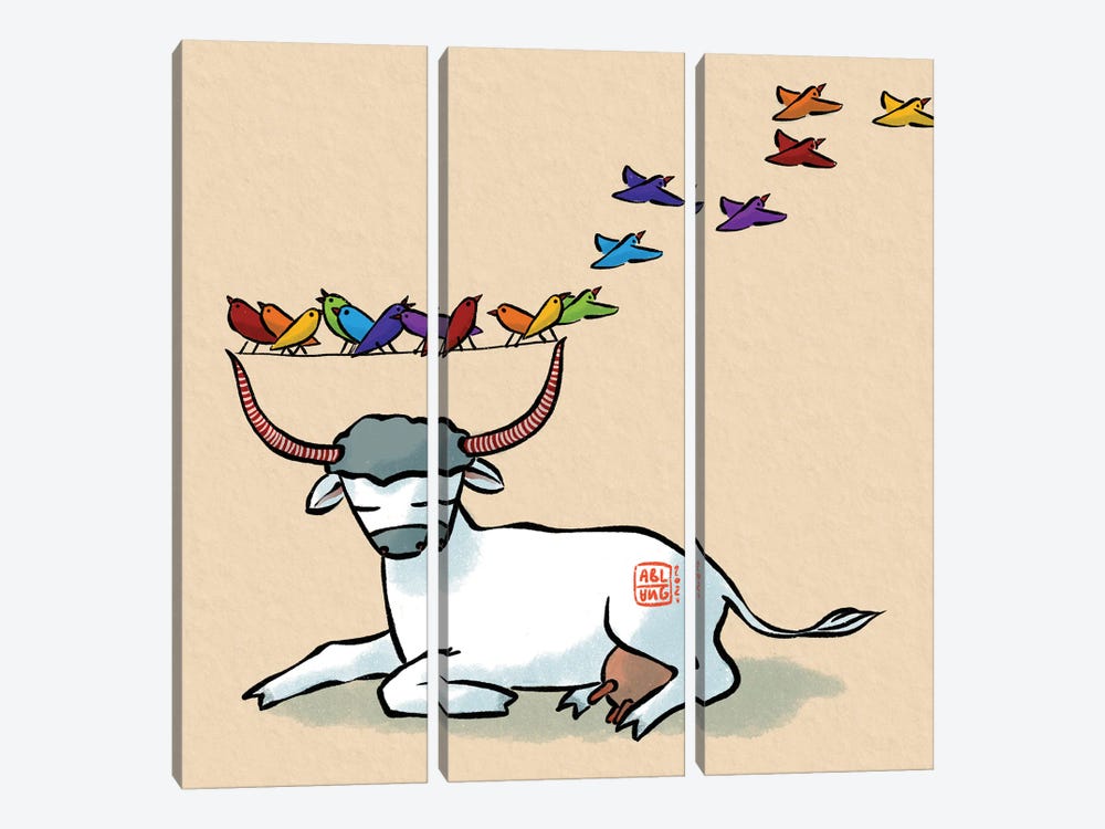 Cow And Birds by Friederike Ablang 3-piece Canvas Art