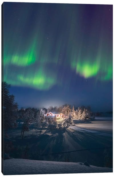 Northern Light Cabin In Norway Canvas Art Print - Aurora Borealis Art