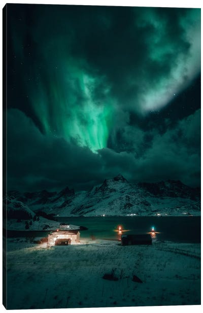 Stormy Aurora In Lofoten Canvas Art Print - Aurora Borealis Art