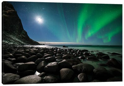 Full Moon And Northern Light Over Utakleiv Beach Lofoten Canvas Art Print - Norway