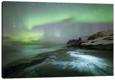Waves Crashing On The Rocks Under Northern Light On Senja Canvas Art Print - Aurora Borealis Art