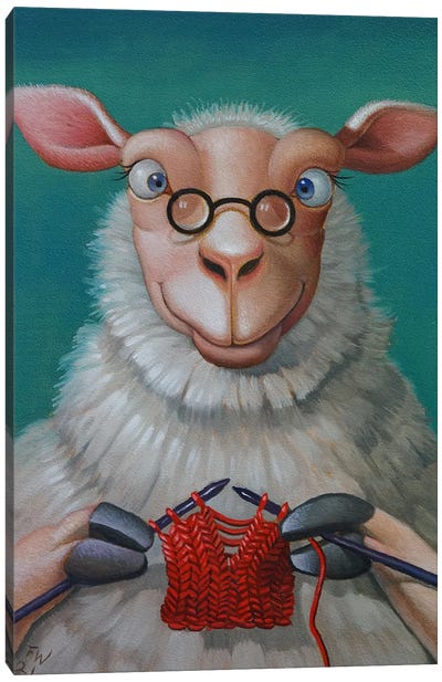 Miss Sheep's Red Scarf Canvas Art Print - Knitting & Sewing Art
