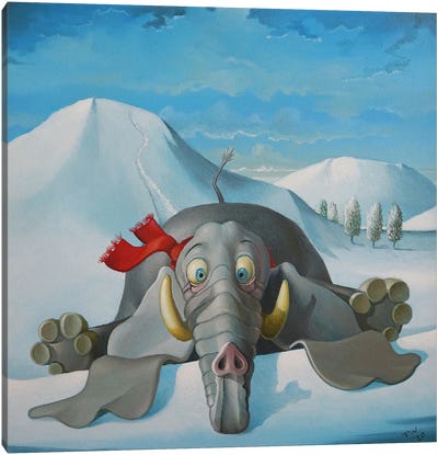 Elephant In The Snow Canvas Art Print - Frank Warmerdam