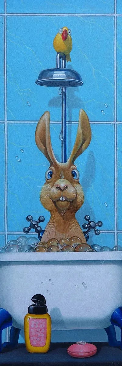 Brother Rabbit In Bath by Frank Warmerdam framed canvas print