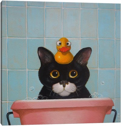 Cat In Bath Canvas Art Print - Tuxedo Cat Art