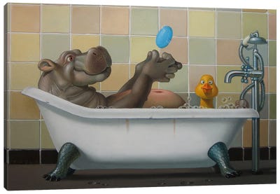 Hippo In Bath Canvas Art Print - Bathroom Break