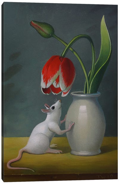 Mouse With Tulip Vase Canvas Art Print - Mouse Art