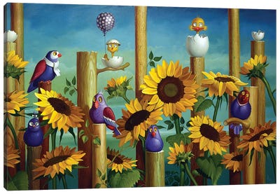 Birds And Sunflowers Canvas Art Print - Frank Warmerdam