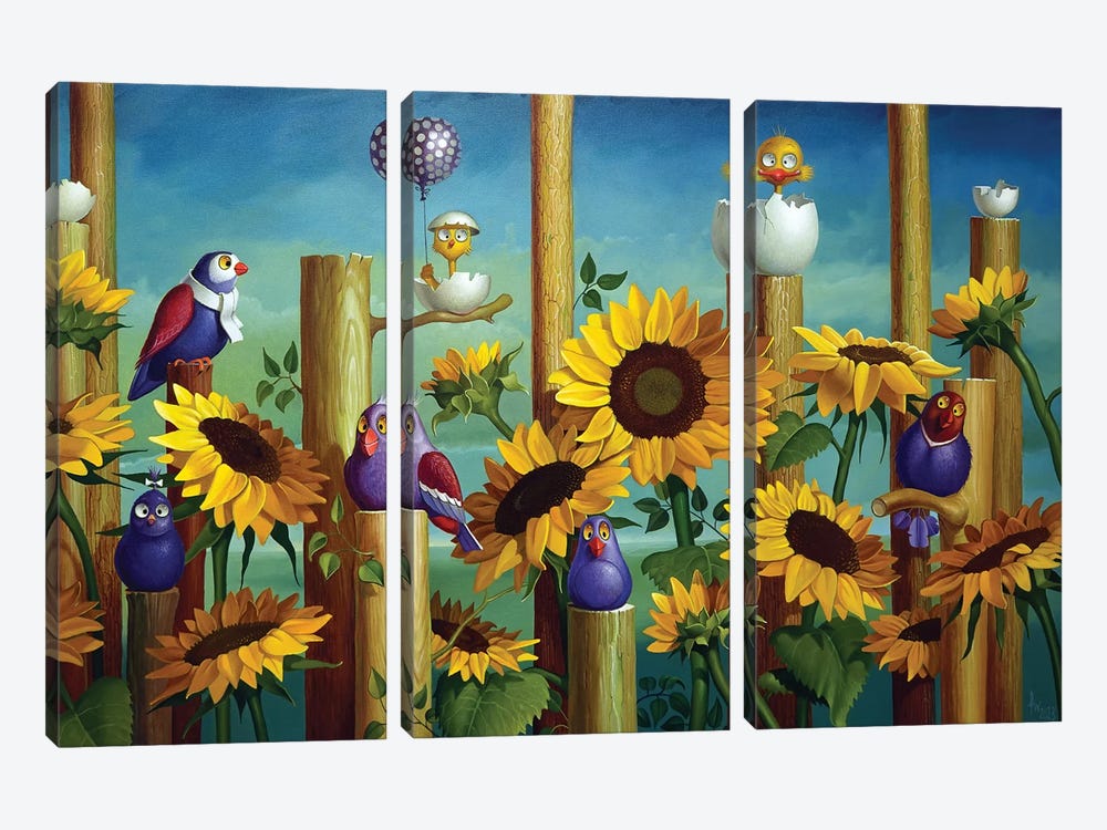 Birds And Sunflowers by Frank Warmerdam 3-piece Canvas Art Print
