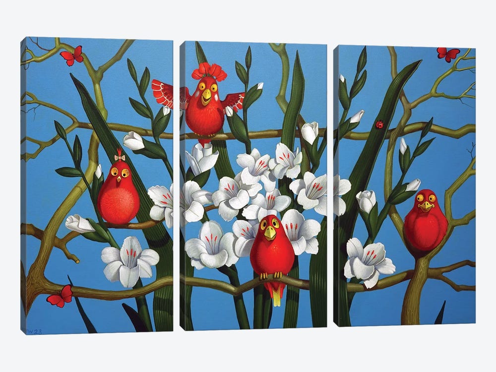Birds Red White And Blue by Frank Warmerdam 3-piece Canvas Print